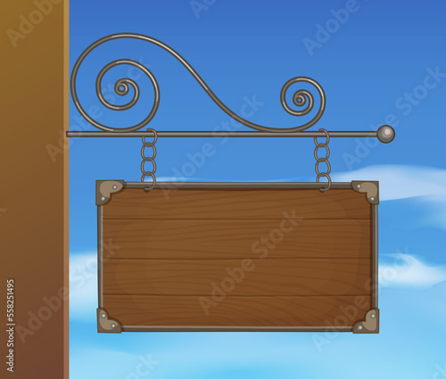 Old-style street sign made of dark wood vector illustration on the blue sky background, mounted to the wall