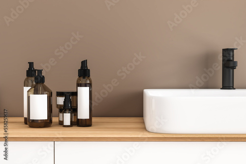 Close up of white sink with oval mirror standing in on beige wall , wooden cabinet with black faucet in minimalist bathroom. 3d rendering