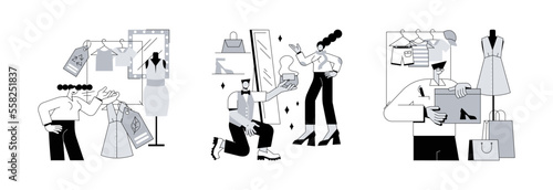 Shopping abstract concept vector illustration set. Sustainable fashion, personal stylist, shop assistant, organic clothes, man and woman style, dressing room, customer service abstract metaphor.