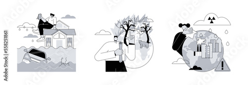 Natural disaster abstract concept vector illustration set. Flood and tropical cyclone and tsunami, prevention of wildfire, acid rain, climate change, firefighting service, rainwater abstract metaphor.