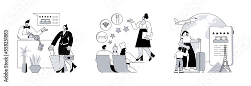Hotel business abstract concept vector illustration set. Hospitality management and courses, travel clubs, travel office, hospitality staff training, travelers community network abstract metaphor.