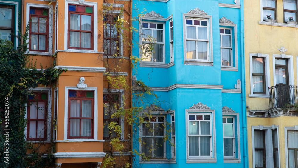 Naklejka premium Balat district in Istanbul Turkey. Colorful houses in Balat. historic streets in Istanbul