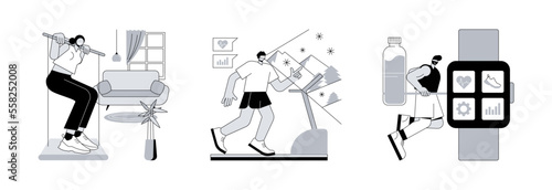 Sport lifestyle abstract concept vector illustration set. Portable workout gym, VR fitness, connected workout, home workout system, virtual reality training session, smart gym abstract metaphor.