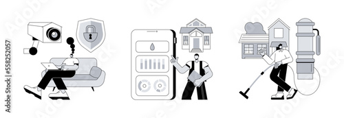 Home comfort and security abstract concept vector illustration set. Indoor security system, water contamination detection, central vacuum installation, smart home sensor, door lock abstract metaphor.