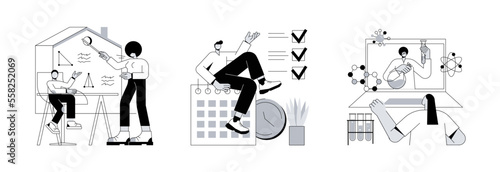 Distance learning abstract concept vector illustration set. Home-school your kids, set up daily schedule, STEM activities, quarantine daily routine, remote home education, pandemic abstract metaphor.