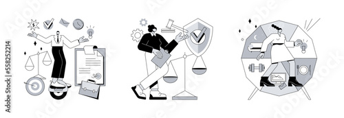 Personal quality abstract concept vector illustration set. Resilience, accountability and discipline, mental strength, psychological flexibility, decision making, leadership role abstract metaphor.