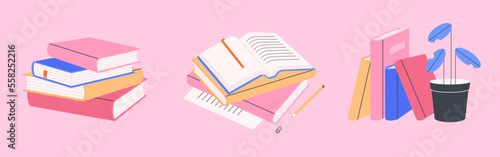 Pile of books for reading. Stack of various textbooks in hardcover, open notebook on a pink background. World book day. Literature, education concept. Isolated flat vector illustration photo