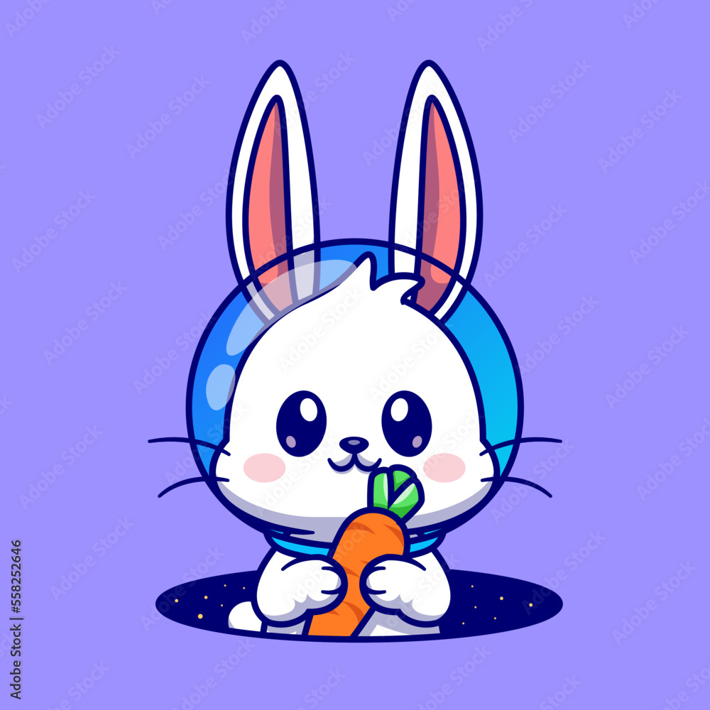 Cute Astronaut Rabbit Holding Carrot In Space Cartoon Vector Icon