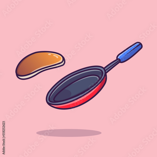 Pancake Floating With Pan Cartoon Vector Icon Illustration. Food 
Object Icon Concept Isolated Premium Vector. Flat Cartoon Style