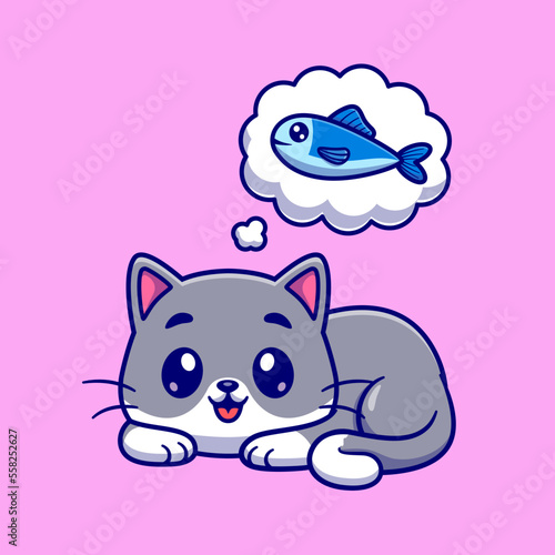 Cute Cat Thinking Fish Cartoon Vector Icon Illustration. Animal 
Nature Icon Concept Isolated Premium Vector. Flat Cartoon Style