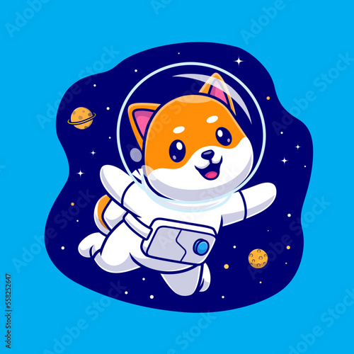 Cute Shiba Inu Astronaut Cartoon Vector Icon Illustration. Animal 
Science Icon Concept Isolated Premium Vector. Flat Cartoon Style