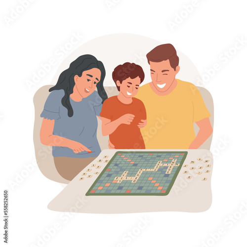 Word game isolated cartoon vector illustration. Happy parents with kids playing Scrabble game, mind challenge, mental development, leisure activity, entertainment with family vector cartoon.