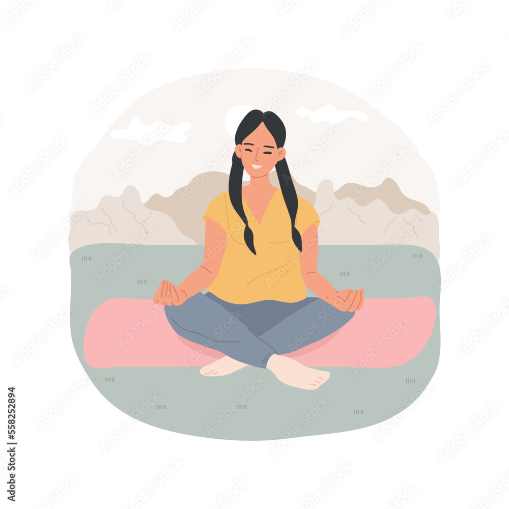 Mindfulness isolated cartoon vector illustration. Beautiful girl counting breath, keeping hands in mudra gesture, stress management, socio-emotional development, relaxation mood vector cartoon.