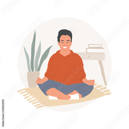 Meditation isolated cartoon vector illustration. Person sitting in lotus pose, holding mudra, relaxation method, breathing deeply, happy face, smiling, stress management vector cartoon.