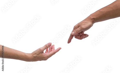 Female and male hand isolated, reaching out to each other. Creation of adam concept. 