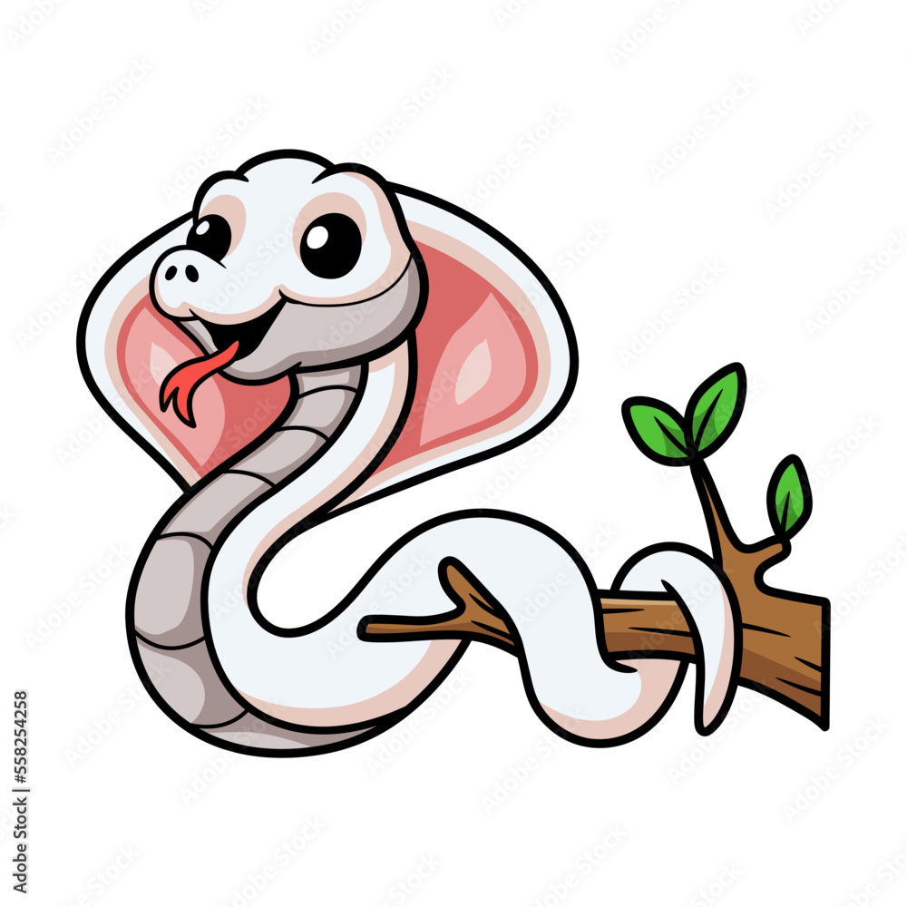Cute leucistic cobra snake cartoon on tree branch Cute leucistic cobra snake cartoon on tree branch
