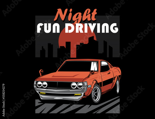 legend muscle car design with city silhouette and text background vector design illustration 