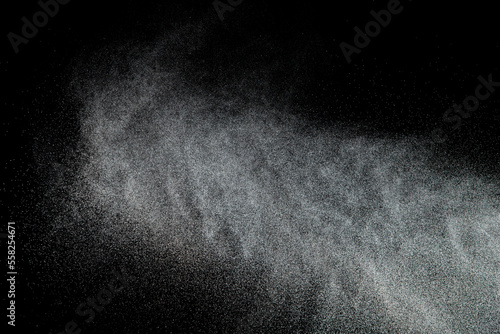 Million of Star Dust, Photo image of falling down shower rain snow, heavy snows storm flying. Freeze shot on black background isolated overlay. Spray water fog smoke as star particle on wind
