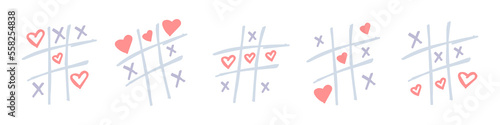 Hand-drawn tic-tac-toe game with hearts for Valentine's Day. Set of vector illustration isolated on white background.