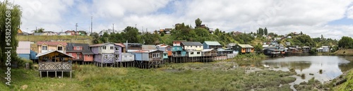 Panorama of the Palafitos de Pedro Montt - colorful stilt houses on Chilo    Isla Grande de Chilo    in Chile 