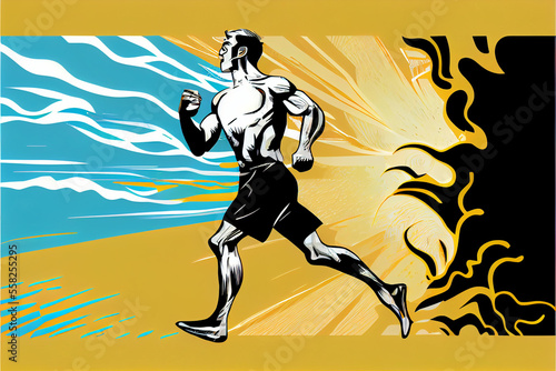Yellow and Blue Vector illustration of Man Running on Beach. Generative ai