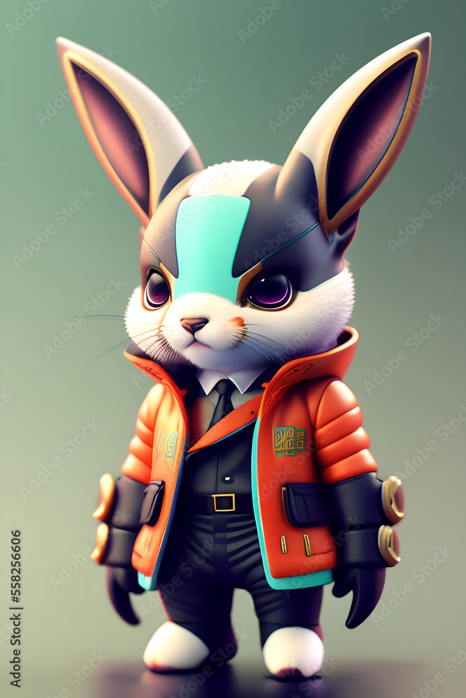 Anthropomorphic rabbit in a futuristic orange suit and mask. Cyberpunk ...