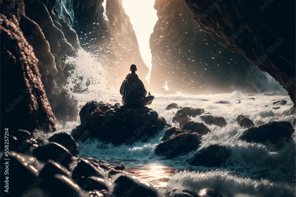 a person meditating on a rocky beach, with the waves crashing behind them, REALISTIC (AI Generated)