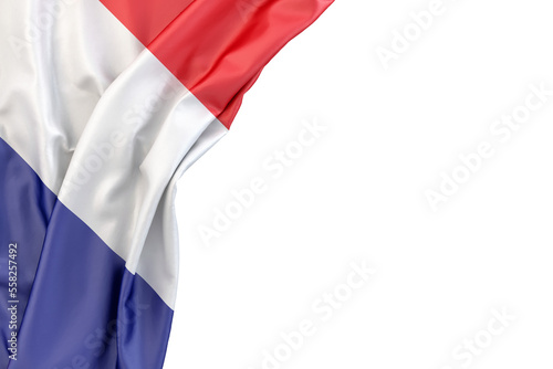 Flag of France in the corner on white background. Isolated photo