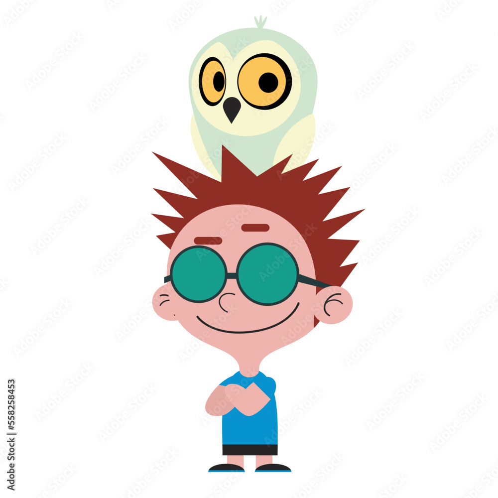 funny cartoon boy and owl on the head cartoon vector