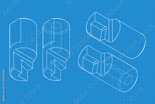 Mechanical engineering drawings on blue background. Cutter, assembly tool with replaceable multi-faceted plate. Technical Design. Cover. Blueprint. Vector illustration.
