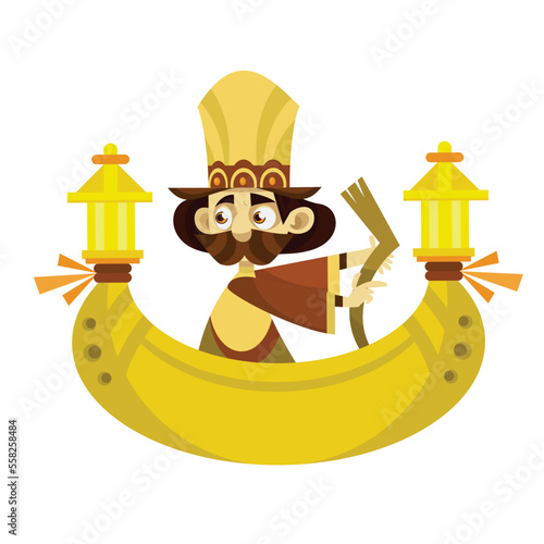 ilustração infantil de homem vestido de amarelo, navegando em um pequeno barco