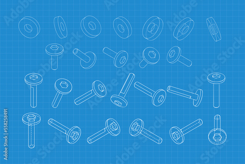 Mechanical engineering drawings on blue background. Cutter, assembly tool with replaceable multi-faceted plate. Technical Design. Cover. Blueprint. Vector illustration.
