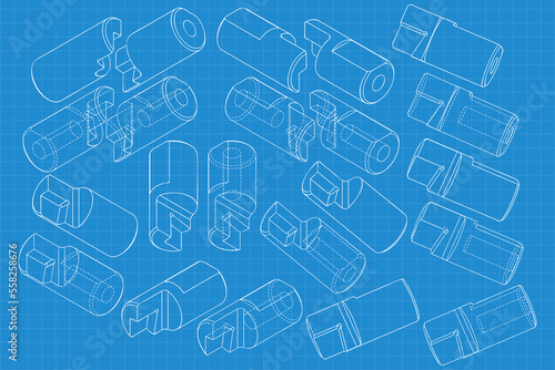 Mechanical engineering drawings on blue background. Cutter, assembly tool with replaceable multi-faceted plate. Technical Design. Cover. Blueprint. Vector illustration.