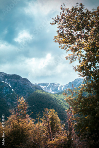 mountain top in the distance in autumn landscape in the forest photo