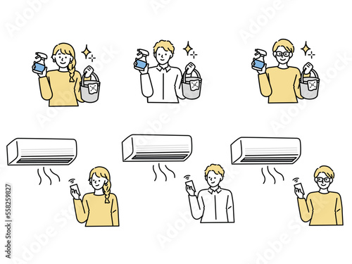 掃除、エアコン、省エネのイラスト(清潔、温度、部屋、人)