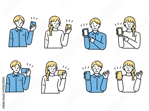 スマートフォンを持った男女のイラスト(スマホ、SNS、ソーシャル、キャッシュレス、ネットワーク) Illustrations of men and women holding smartphones.Smartphones, SNS, social networks, cashless networks. 