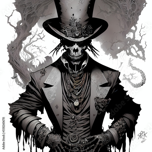 A fantasy board game card/colouring book page: Baron Samedi. Voodoo spirit, Lwa, sorcerer/warlock. Spells and magic. AI-generated