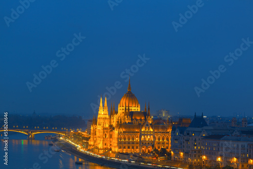 Budapest and Danube river in the night . Famous Hungarian Parliament Building illumination