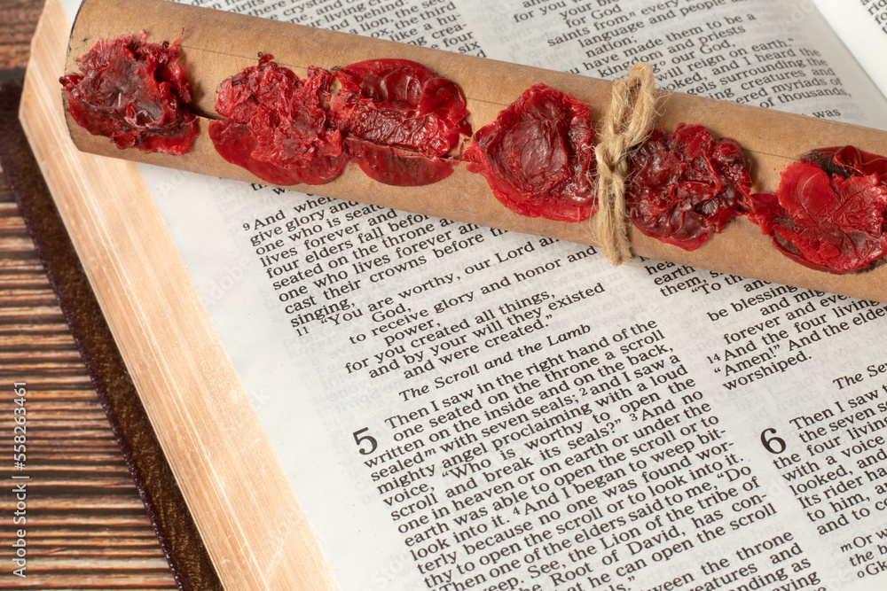 Scroll With Seven Seals On Open Holy Bible Book Of Revelation A scroll-with-seven-seals-on-open-holy-bible-book-of-revelation-a