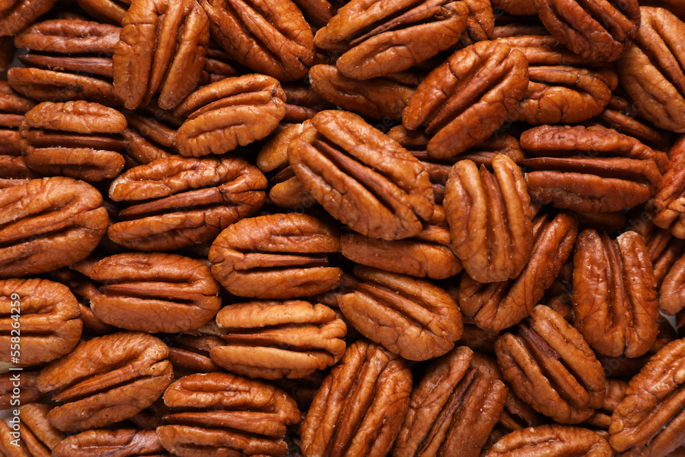 Tasty fresh ripe pecan nuts as background, top view Tasty fresh ripe pecan nuts as background, top view