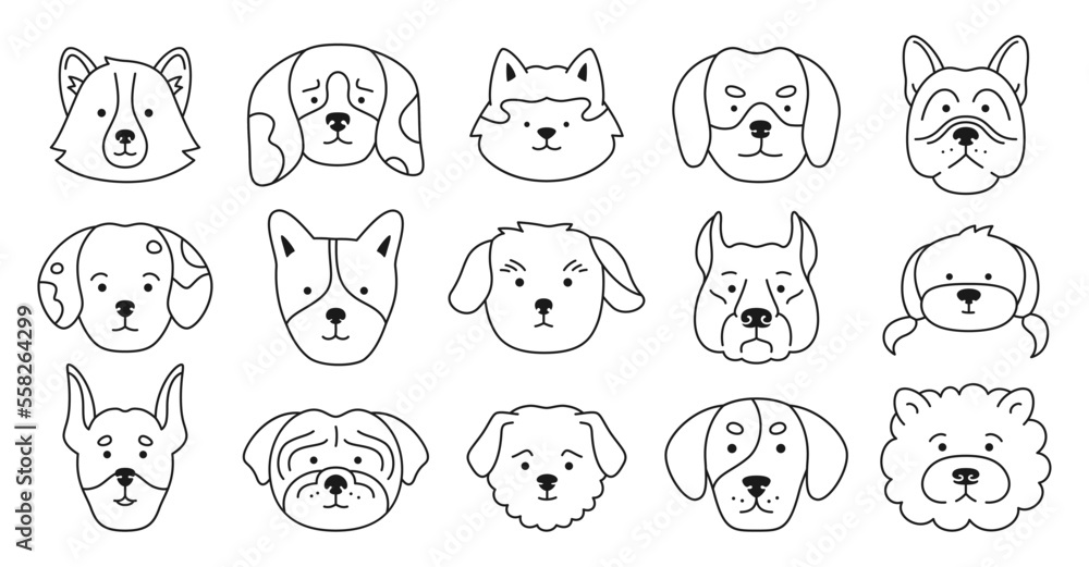 Dog faces emotion doodle outline character set. Cute puppy kawaii head muzzle linear icon. Smiling funny childish doggy pet baby contour illustration. Comic drawing template for kid card, poster cover Dog faces emotion doodle outline character set. Cute puppy kawaii head muzzle linear icon. Smiling funny childish doggy pet baby contour illustration. Comic drawing template for kid card, poster cover