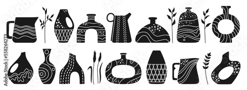 Vase shape and ceramic pot, jug or jar bottles doodle stamp set. Cozy home decor handmade boho engraving pottery form. Antique various vases stencil, hand drawn vessel. Trendy art concept vector