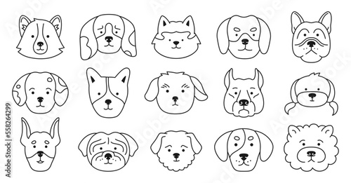 Dog faces emotion doodle outline character set. Cute puppy kawaii head muzzle linear icon. Smiling funny childish doggy pet baby contour illustration. Comic drawing template for kid card, poster cover