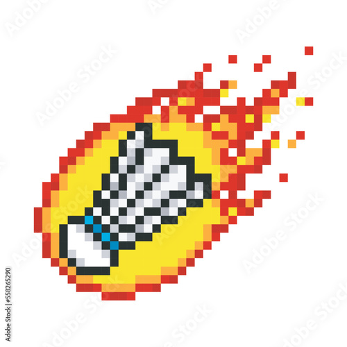badminton shuttlecock in fire, pixel art sport
