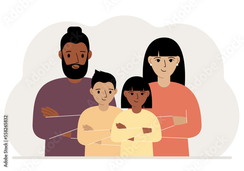 Happy family of mom dad and two children. Concept of family problems, psychological help or conflict.