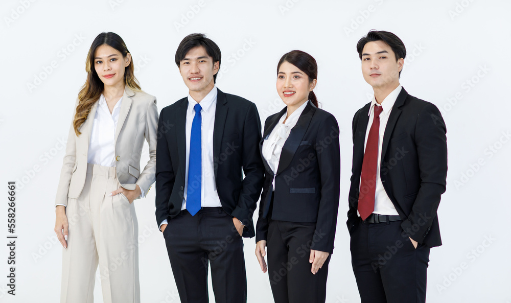 Portrait studio full body shot Asian young professional successful male female businessmen businesswomen management group in formal suit standing smiling posing showing thumb up on white background Portrait studio full body shot Asian young professional successful male female businessmen businesswomen management group in formal suit standing smiling posing showing thumb up on white background