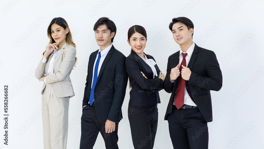 Portrait studio full body shot Asian young professional successful male female businessmen businesswomen management group in formal suit standing smiling posing showing thumb up on white background