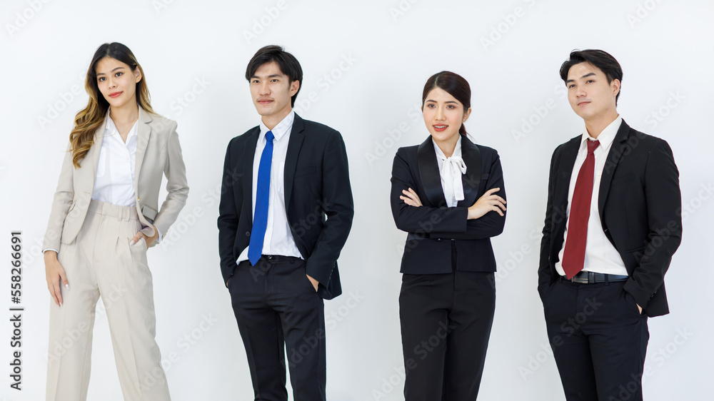 Portrait studio full body shot Asian young professional successful male female businessmen businesswomen management group in formal suit standing smiling posing showing thumb up on white background Portrait studio full body shot Asian young professional successful male female businessmen businesswomen management group in formal suit standing smiling posing showing thumb up on white background