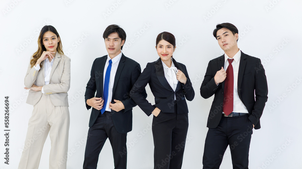 Portrait studio full body shot Asian young professional successful male female businessmen businesswomen management group in formal suit standing smiling posing showing thumb up on white background Portrait studio full body shot Asian young professional successful male female businessmen businesswomen management group in formal suit standing smiling posing showing thumb up on white background