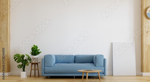 3d rendering of livingroom with soft blue couch and white walls